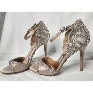 Badgley Mischka Roxy Nude Satin Rhinestone Stiletto Heels Bridal Wedding Sz 5